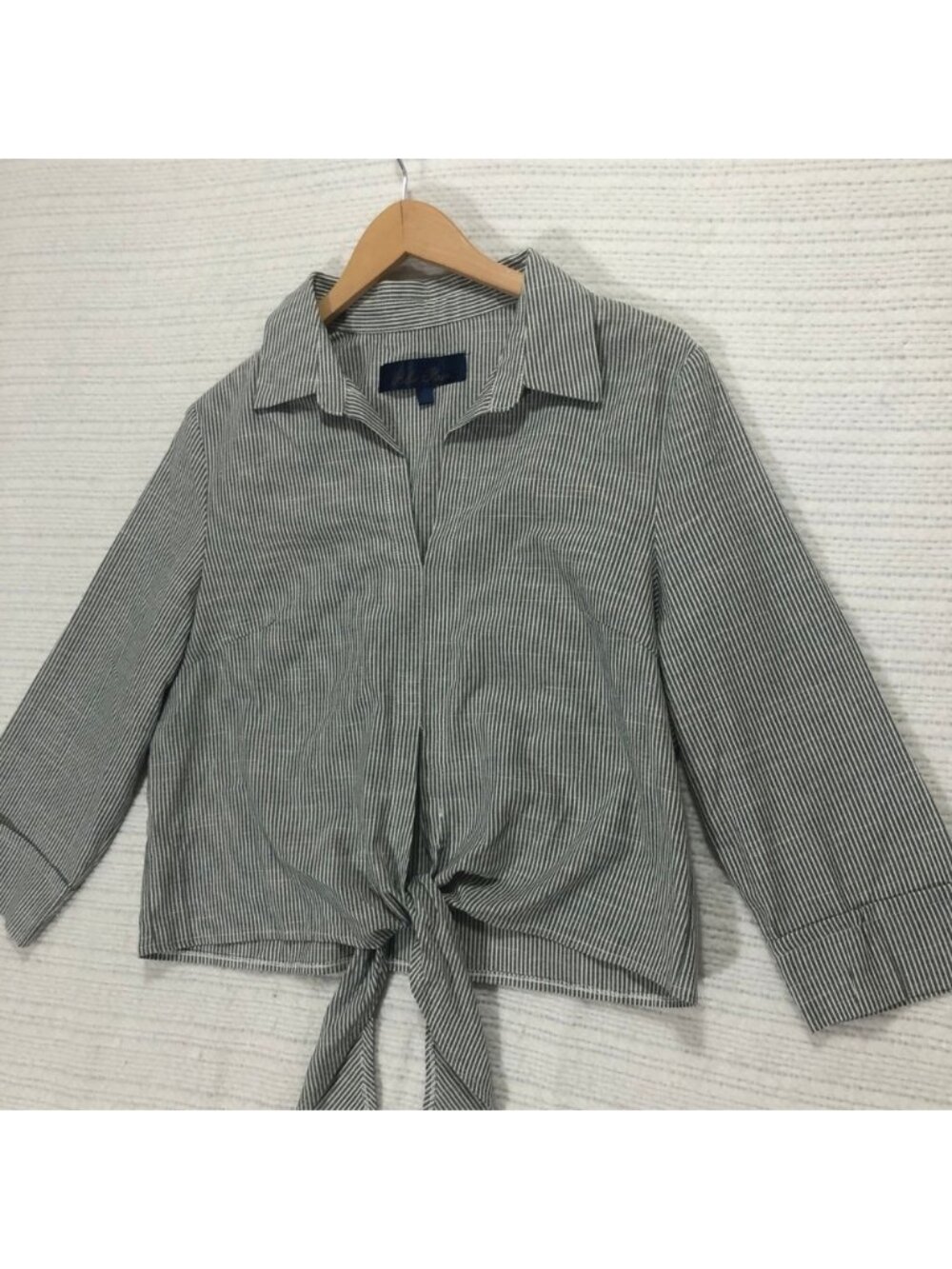 Blue Rain Tie-Front Crop Top Striped 3/4 Sleeve Blouse Size L